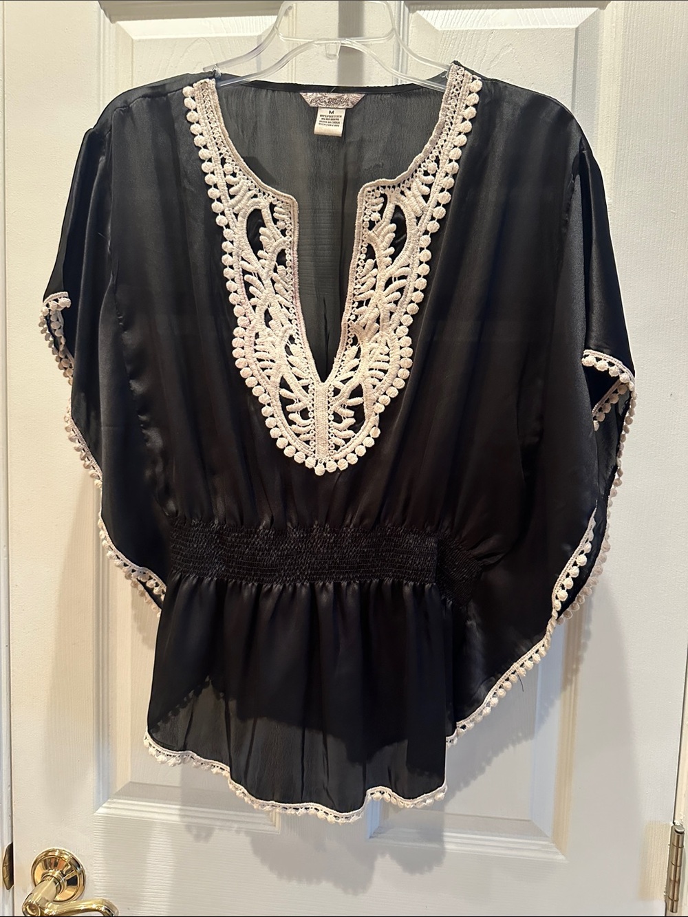 Black Peasant Tunic with White Crochet Trim
